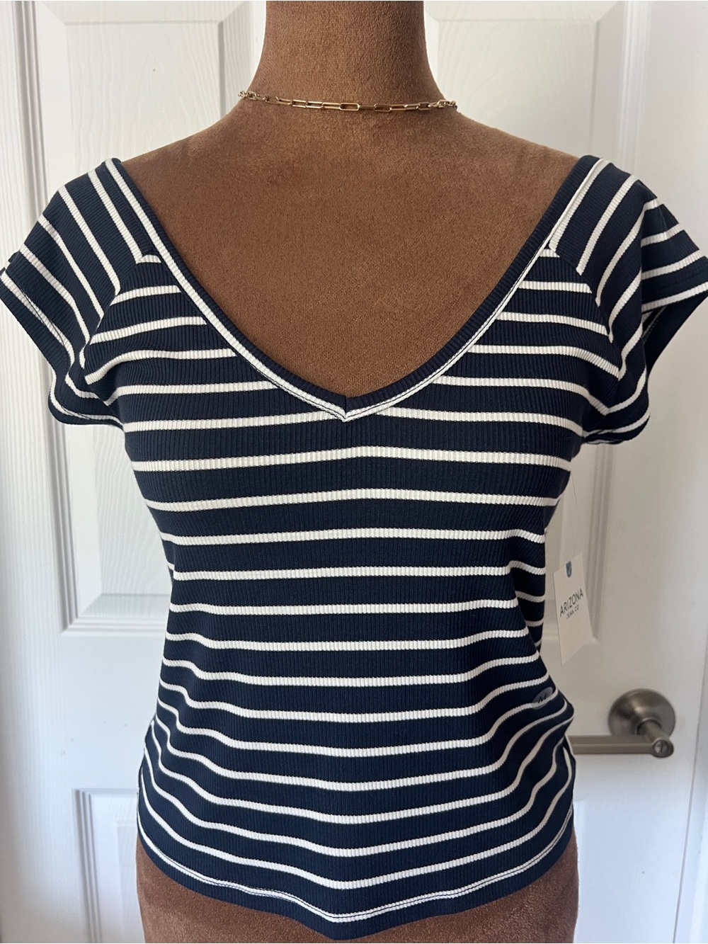 Arizona Jean Company Navy & White Striped V-Neck Short Sleeve Top